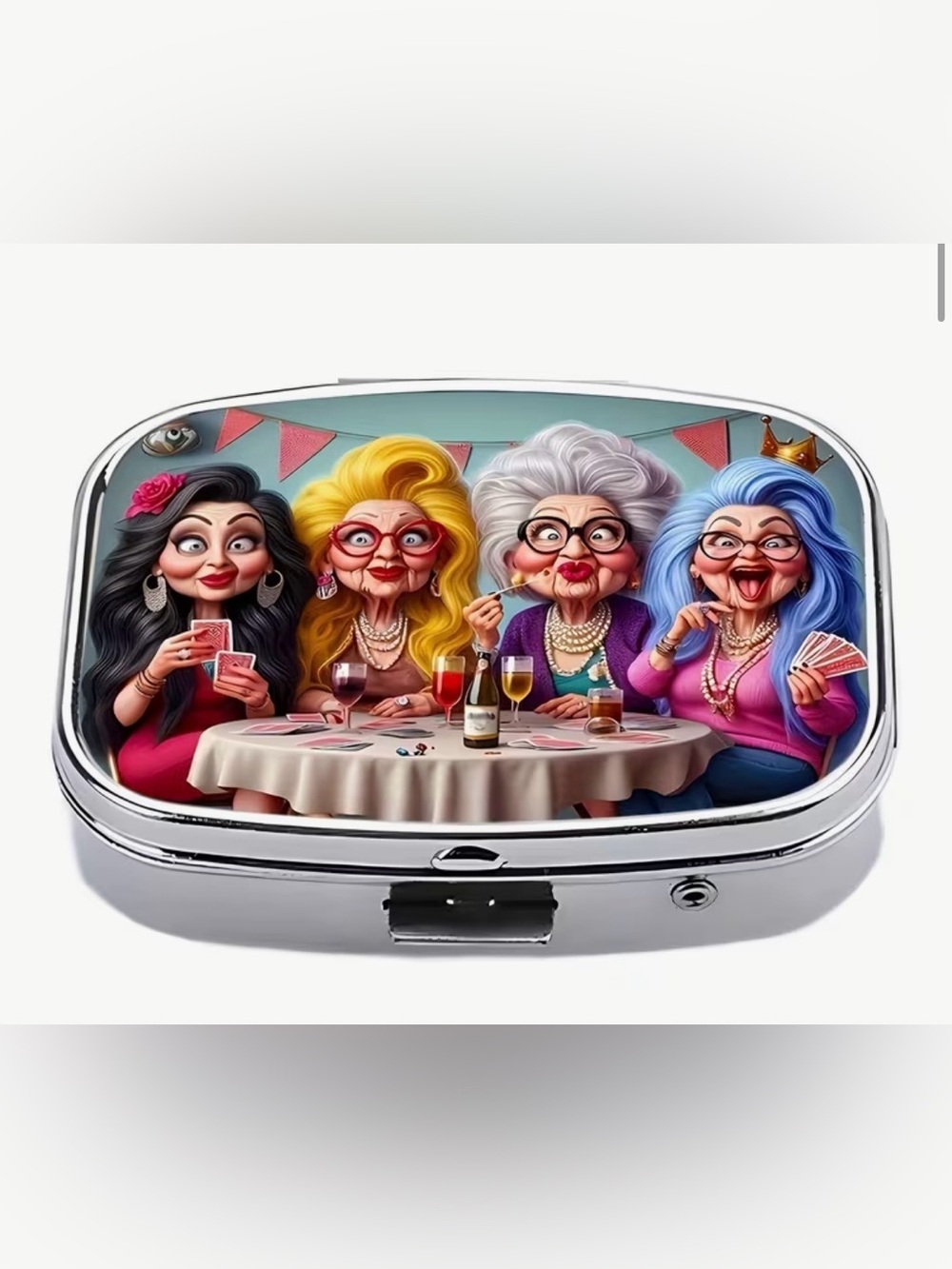Whimsical Card Night Metal Travel  PillBox - Colorful Ladies Design